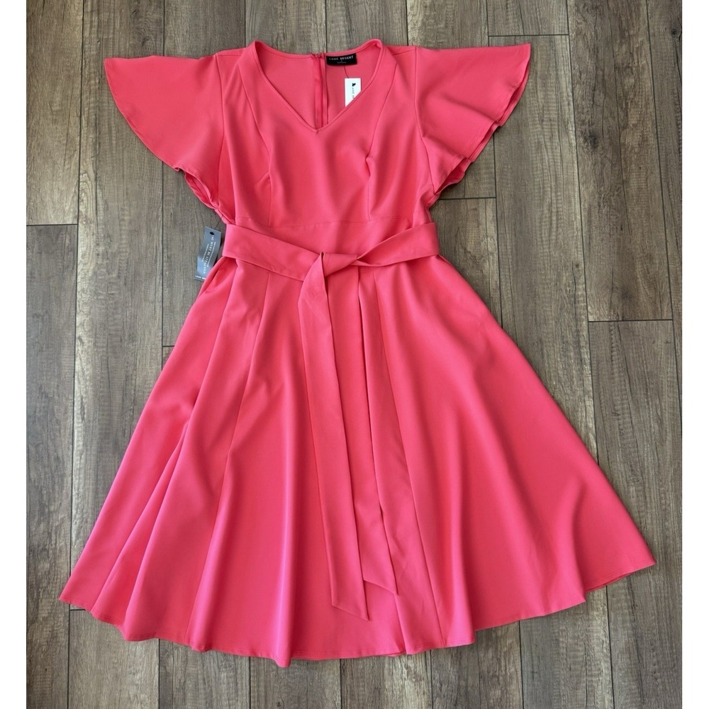 NWT Lane Bryant Pink Midi Dress Size 16 Tie Waist Pockets Flutter Sleeve - Picture 2 of 13